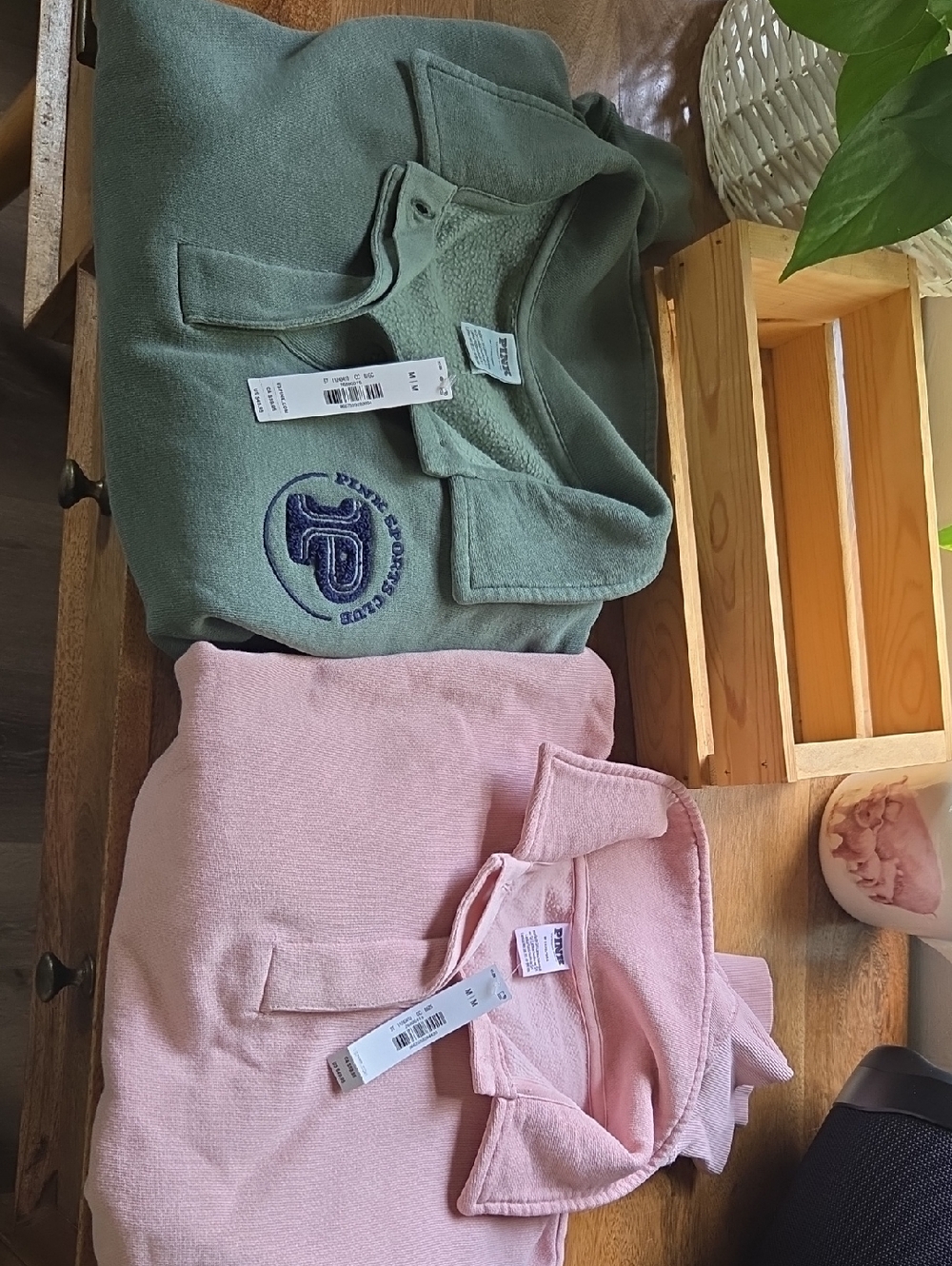 PINK Victoria's Secret Sage Green & Purple Embroidered Half-Zip